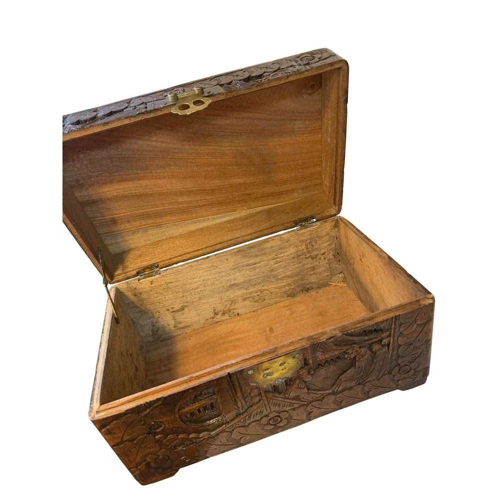 Vintage Hand Carved Camphor Wood Jewelry Box Asian Village Scene Brass Latch 12